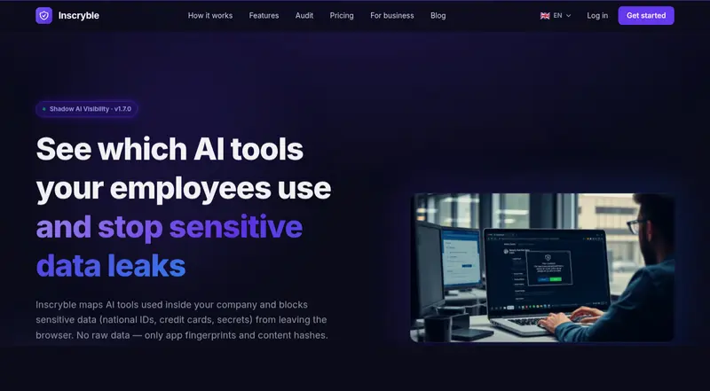 Inscryble: strona główna z hasłem „See which AI tools your employees use and stop sensitive data leaks”